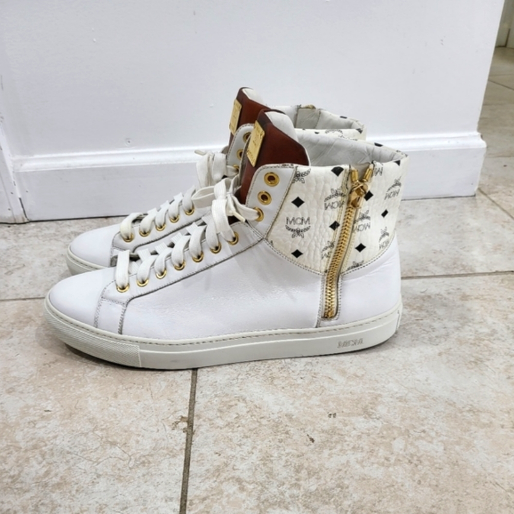 MCM White High-Top Sneakers with Brown Accents and Gold Hardware